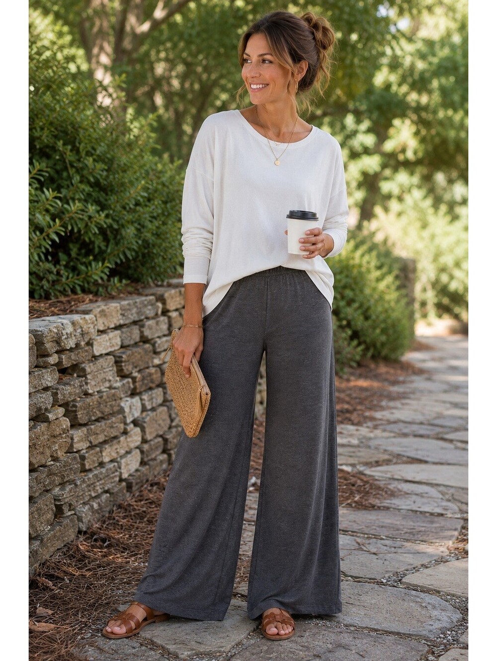 Chalet et Cici Pants Womens L Gray Wide Leg Pull On Lagenlook Stretch Made USA